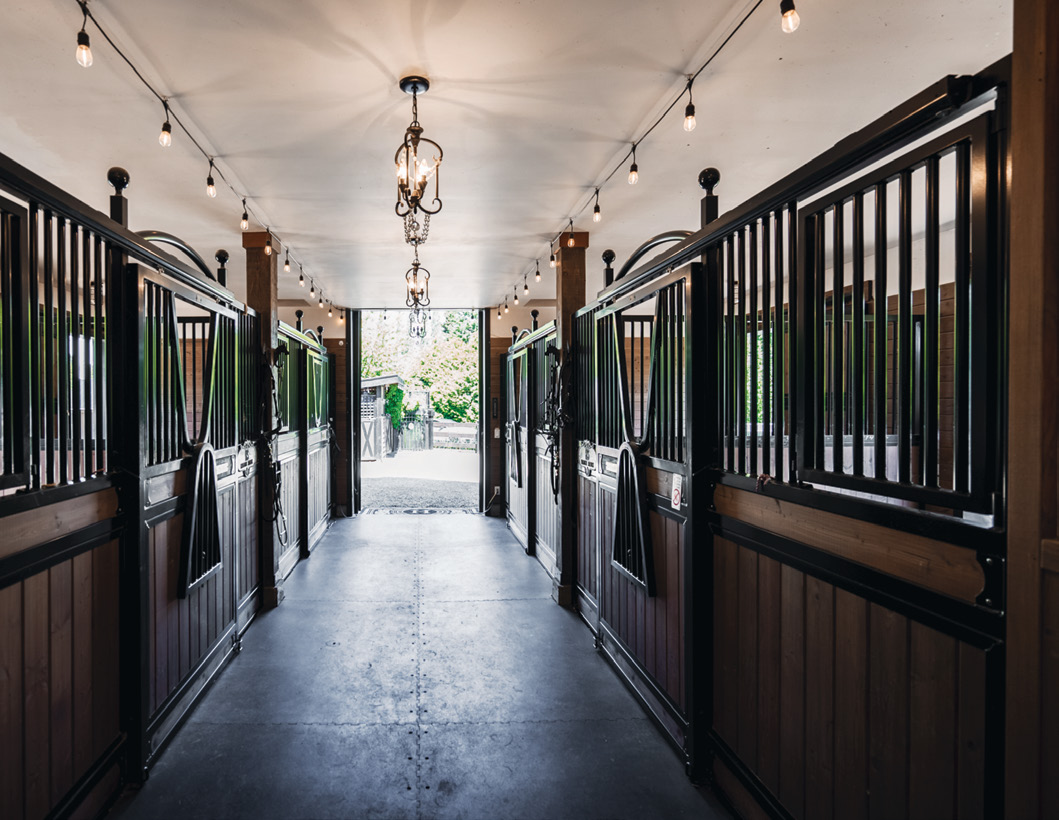 Interior view of the elegant horse stables with string lighting